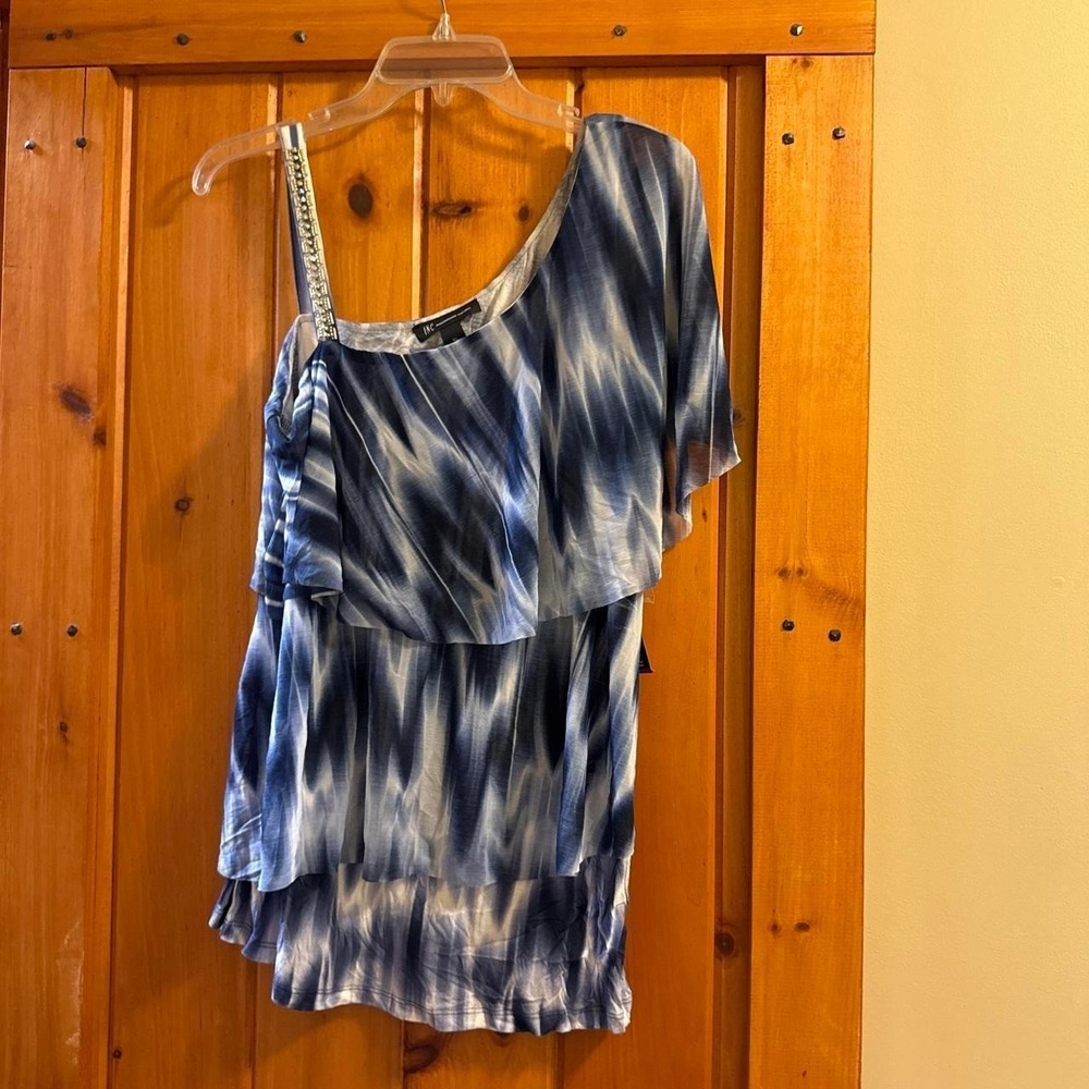 INC One Shoulder Top Womens XL Blue NWT Ikat Waterfall Embellished Beaded Strap